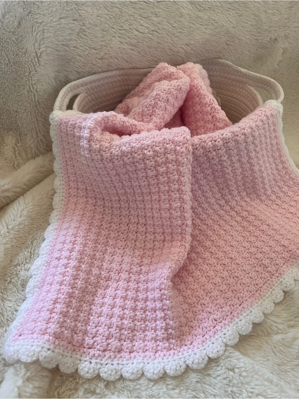 Baby Pink Crochet One-Piece Bodysuit with White Scalloped Trim